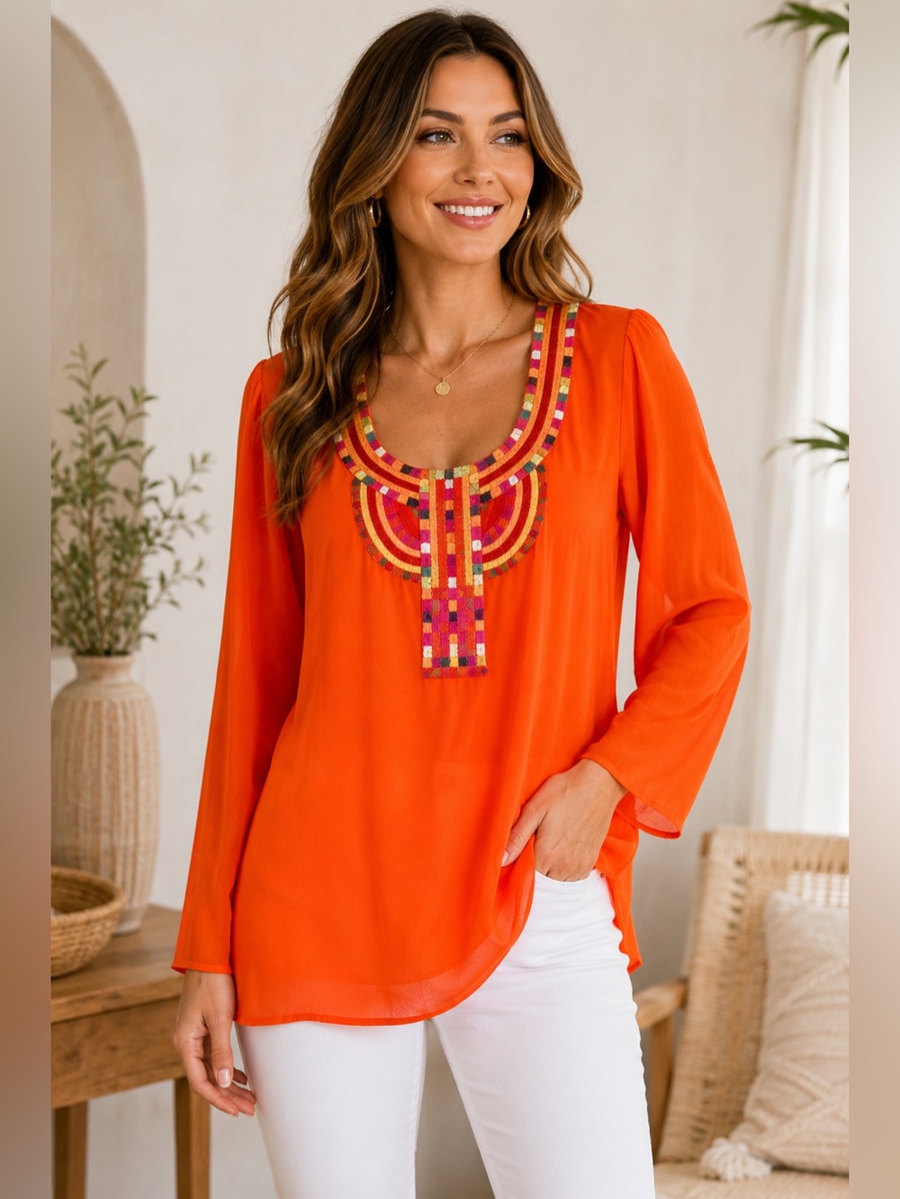 Trina Turk Orange Embroidered Scoop Tunic Large Silk Resortwear